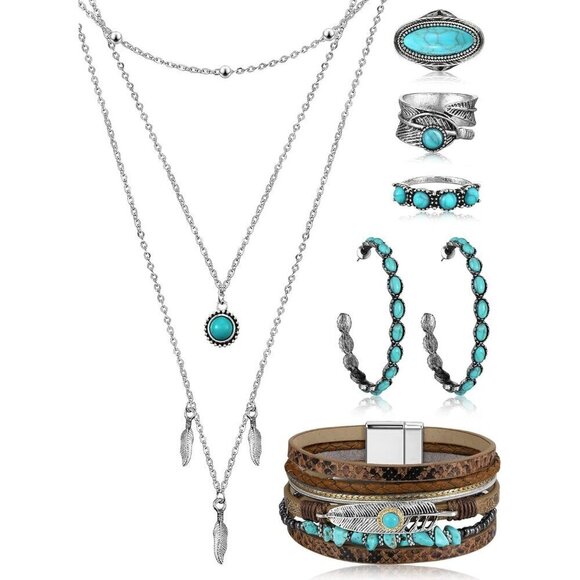 Jewelry - Western Jewelry Set Turquoise Faux Leather Long Necklace Earrings Rings Bracelet
